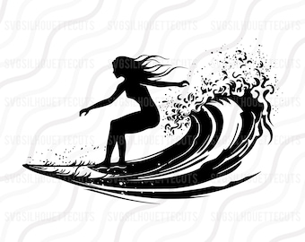 Meisje surfen SVG, vrouw surfer Svg, meisje met surfplank SVG knippen tabelontwerpweergave, svg, dxf, png gebruik met Silhouette Studio en Cricut_Instant Download