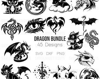May include: A collection of 15 black dragon designs in various poses and styles. The image includes dragons with wings, in circles, and with swords. Text reads "DRAGON BUNDLE 45 Designs" with SVG, DXF, and PNG file type options.