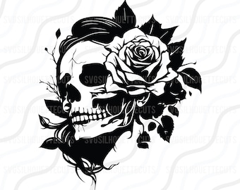 Könnte beinhalten: Schwarz-weiße Silhouette eines Schädels mit einer Rose, die aus dem Kopf wächst. Die Rose ist in voller Blüte und hat viele Blütenblätter.