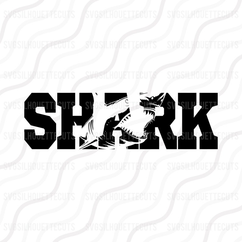 K&ouml;nnte beinhalten: Schwarzwei&szlig;es Grafikdesign eines Hais mit dem Wort "SHARK" in fetten Buchstaben, wobei der K&ouml;rper des Hais den Raum zwischen den Buchstaben ausf&uuml;llt.
