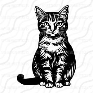 Può includere: Un'illustrazione in bianco e nero di un gatto seduto con la coda arrotolata intorno alle zampe. Il gatto ha un'espressione seria sul viso.