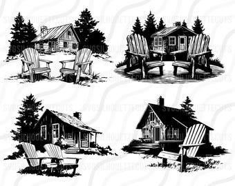 May include: Black and white illustrations of cabins and Adirondack chairs. Each image features a cabin with trees in the background and wooden chairs in the foreground, creating a rustic, outdoor theme.