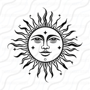 May include: Black and white illustration of a sun with a human face. The sun has a smiling expression and is surrounded by rays.