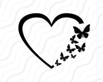 May include: A black silhouette of a heart with a line of black butterflies flying out of the heart.