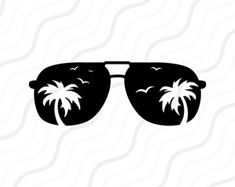 May include: Black silhouette of sunglasses with palm trees reflected in the lenses. The sunglasses have a classic aviator shape.