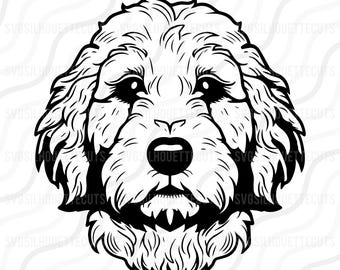 May include: Black and white line art illustration of a doodle dog's head. The dog is looking directly at the viewer with its mouth closed.
