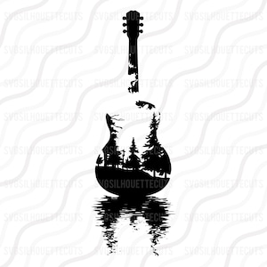 Puede incluir: Silueta negra de una guitarra acústica con una escena de bosque dentro del cuerpo. El reflejo de la guitarra aparece debajo, creando un efecto de espejo. El diseño incluye árboles y un reflejo de agua.