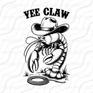 Könnte beinhalten: Schwarz-Weiß-Illustration eines Hummers mit Cowboyhut und dem Text "YEE CLAW" darüber. Ein aufgerolltes Seil liegt unten. Der Hummer steht auf Gras.