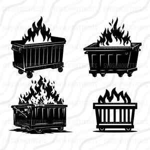 May include: Four black and white illustrations of dumpsters on wheels with flames rising from them. The dumpsters have a rectangular shape with vertical lines on the sides.