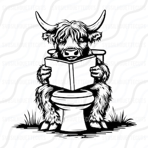 Highland Cow zittend op het toilet een boek lezen SVG gesneden tabelontwerpweergave, svg, dxf, png gebruik met Silhouette Studio en Cricut_Instant Download