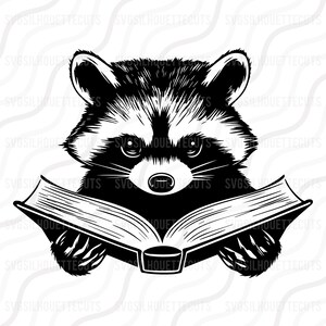 May include: A black and white illustration of a raccoon reading a book. The raccoon is depicted with detailed fur and is holding an open book with its paws. The image has a clean, graphic design style.