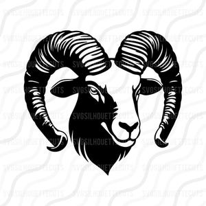 May include: Black and white silhouette of a ram's head with large curled horns.