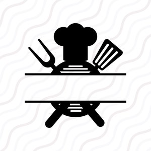 May include: Black and white silhouette of a chef's hat, fork, and spatula surrounding a grill. The grill has a blank space in the middle for text.