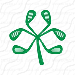 May include: A green shamrock design with five golf clubs forming the leaves.