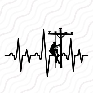 Könnte beinhalten: Schwarz-weiße Silhouette eines Linienmannes, der einen Strommast hinaufklettert, mit einer Herzschlaglinie dahinter.