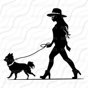 Pode incluir: Silhueta preta de uma pessoa a passear um cão pequeno com trela. A pessoa usa chapéu e óculos de sol. O cão é de raça pequena com cauda fofa. A imagem tem um design limpo e minimalista.