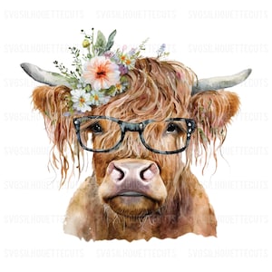 Highland Cow With Glasses Sublimation Designs Downloads, Highland Cow PNG, Cow PNG, Highland Cow And Flowers Sublimation Design