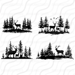 Puede incluir: Cuatro imágenes en silueta negra y blanca de ciervos en un bosque. Cada imagen presenta un ciervo de pie en una arboleda de pinos. Los ciervos están mirando en diferentes direcciones.