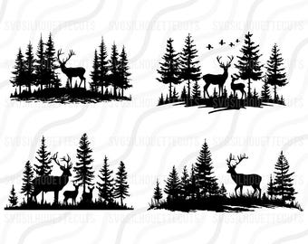 Schwarze Silhouette von Hirsch Wald SVG, Hirsch Bundle SVG Schnitt Tisch Design,svg,dxf,png Verwenden Sie mit Silhouette Studio & Cricut_Digital Download