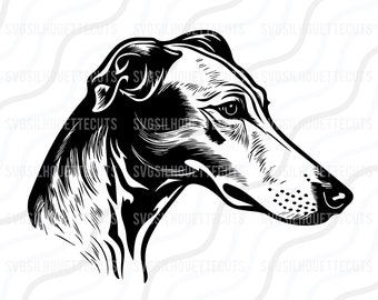 May include: Black and white line art illustration of a Greyhound dog's head in profile.