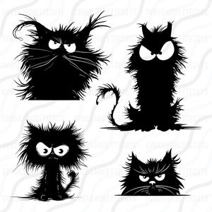 Puede incluir: Cuatro imágenes en silueta negra de gatos de dibujos animados con rasgos exagerados, incluidos ojos grandes y pelaje tupido. Los gatos tienen diferentes poses, incluida una con la cola levantada.