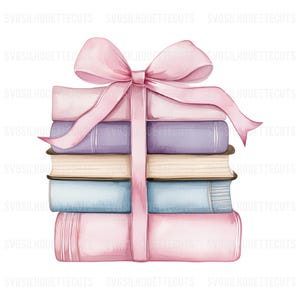 May include: Watercolor illustration of a stack of books tied with a pink ribbon and bow. The books are in shades of pink, purple, and blue, with a light brown spine. The image has the text "SVGSILHOUETTECUTS" repeated around the edges.