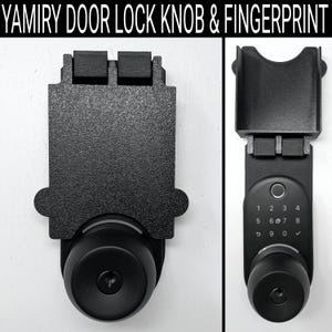 May include: Black door lock knob with a keypad and fingerprint reader. The lock has a round knob and a rectangular backplate. The text "YAMIRY DOOR LOCK KNOB & FINGERPRINT" is at the top.