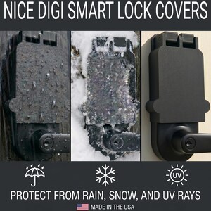 May include: Black smart lock cover with the text "NICE DIGI SMART LOCK COVERS". The image shows the cover in different weather conditions: rain, snow, and sun. The text "PROTECT FROM RAIN, SNOW, AND UV RAYS" is also visible. Made in the USA.
