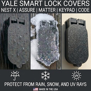 May include: Yale smart lock covers, designed to protect from rain, snow, and UV rays. The image shows the covers in various conditions, including wet and snowy environments. The text on the image reads "PROTECT FROM RAIN, SNOW, AND UV RAYS" and "MADE IN THE USA".