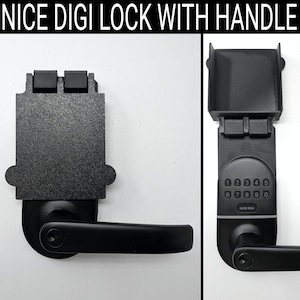 May include: Black digital door lock with a handle. The lock features a keypad with numbers and the text "NICE DIGI". The handle is curved and black. The lock is mounted on a white surface.