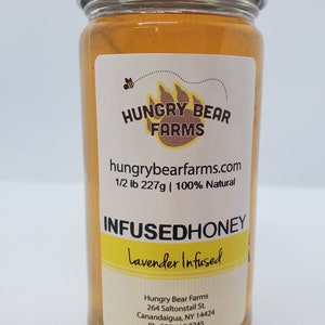 Lavender Infused Pure Raw Wildflower Honey, lightly strained, Unpasteurized. Local Lavender Blossoms.