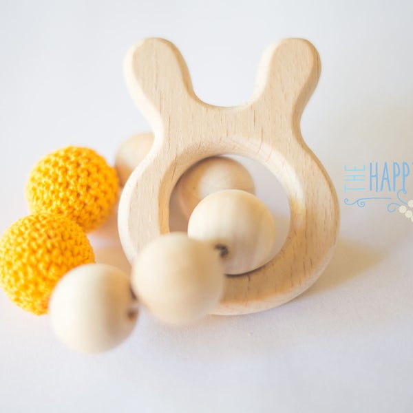 READY TO SHIP All natural eco-friendly wood crocheted teething bracelet ring with crocheted beads and wooden bunny ears