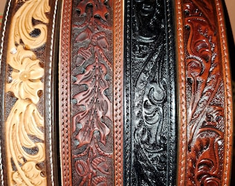 Hand tooled leather belts. (made to order)