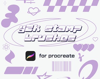 May include: A set of 90s-inspired digital stamp brushes for Procreate, featuring a variety of shapes and designs in a light purple color. The text "y2k stamp brushes for procreate" is included in the image.