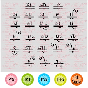 May include: A set of 26 black and white split monogram designs with a variety of decorative flourishes. The designs are arranged in a grid and include letters A through Z. The designs are suitable for use in crafting projects, such as creating personalised gifts, home decor, and more.