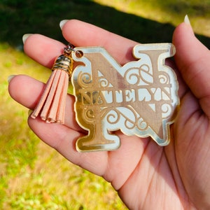 Personalized Mirror Acrylic Keychain Laser Cut Glowforge Etched Key Fob with Tassel