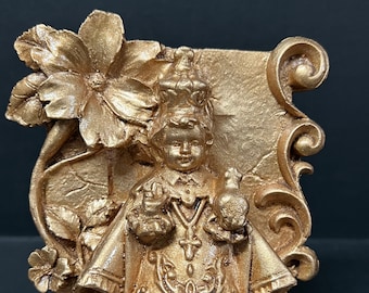 Auténtica escultura filipina de icono religioso de Santo Niño, pintada en oro y ceniza del volcán Pinatubo y Taal, n.° G18