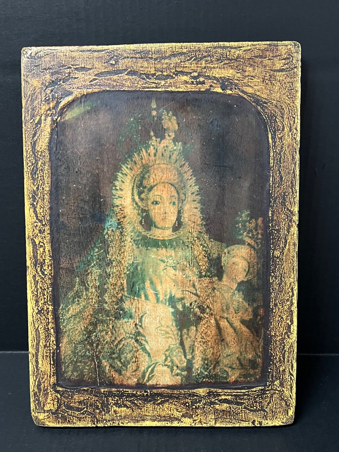 Carved Wood and Printed Religious Icon of Our Lady of the Rosary of ...