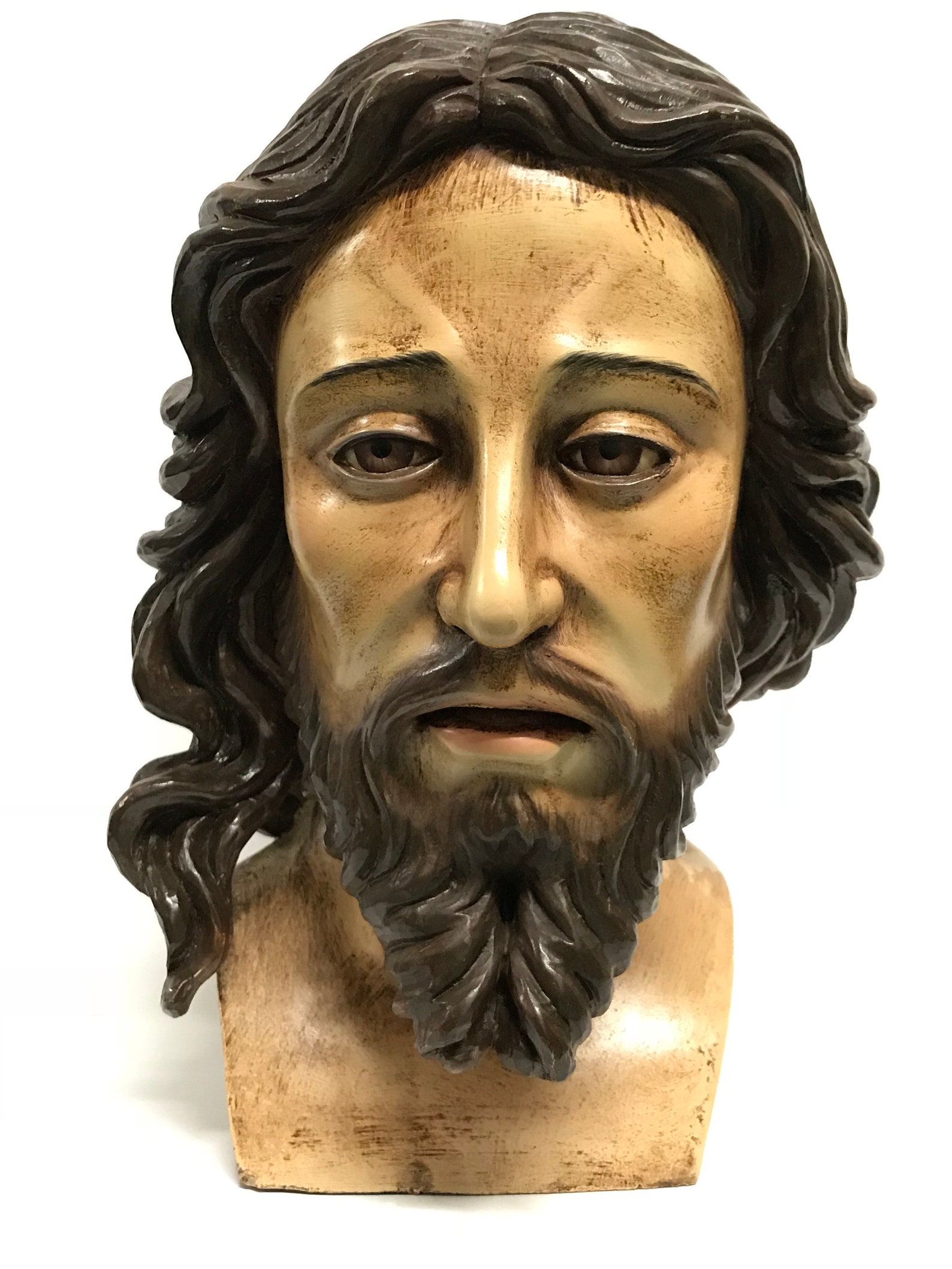 Large Solid Carved Wood Religious Saint Joseph Head Sculpture With