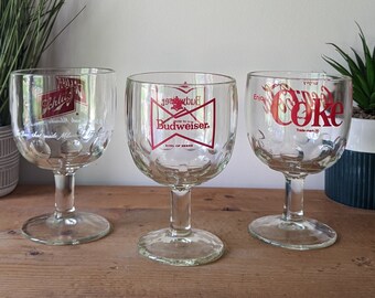 Vintage Novelty Brand Logo Collectible Glasses / Variety Thumb Print Stemmed Drinking Glasses / Beer Goblets / Vintage Promotional Glasses