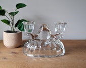 Antique Clear Glass Rib and Fan Design Double Candlestick Holder Vintage L.E Smith Depression Era Double Candelabra Scalloped Style