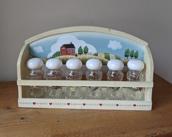 Vintage Hand Painted Country Kitchen 7 Piece Spice Rack / 6 Piece Glass Spice Shakers with Hand Painted Wood Wall Rack / Country Farmhouse