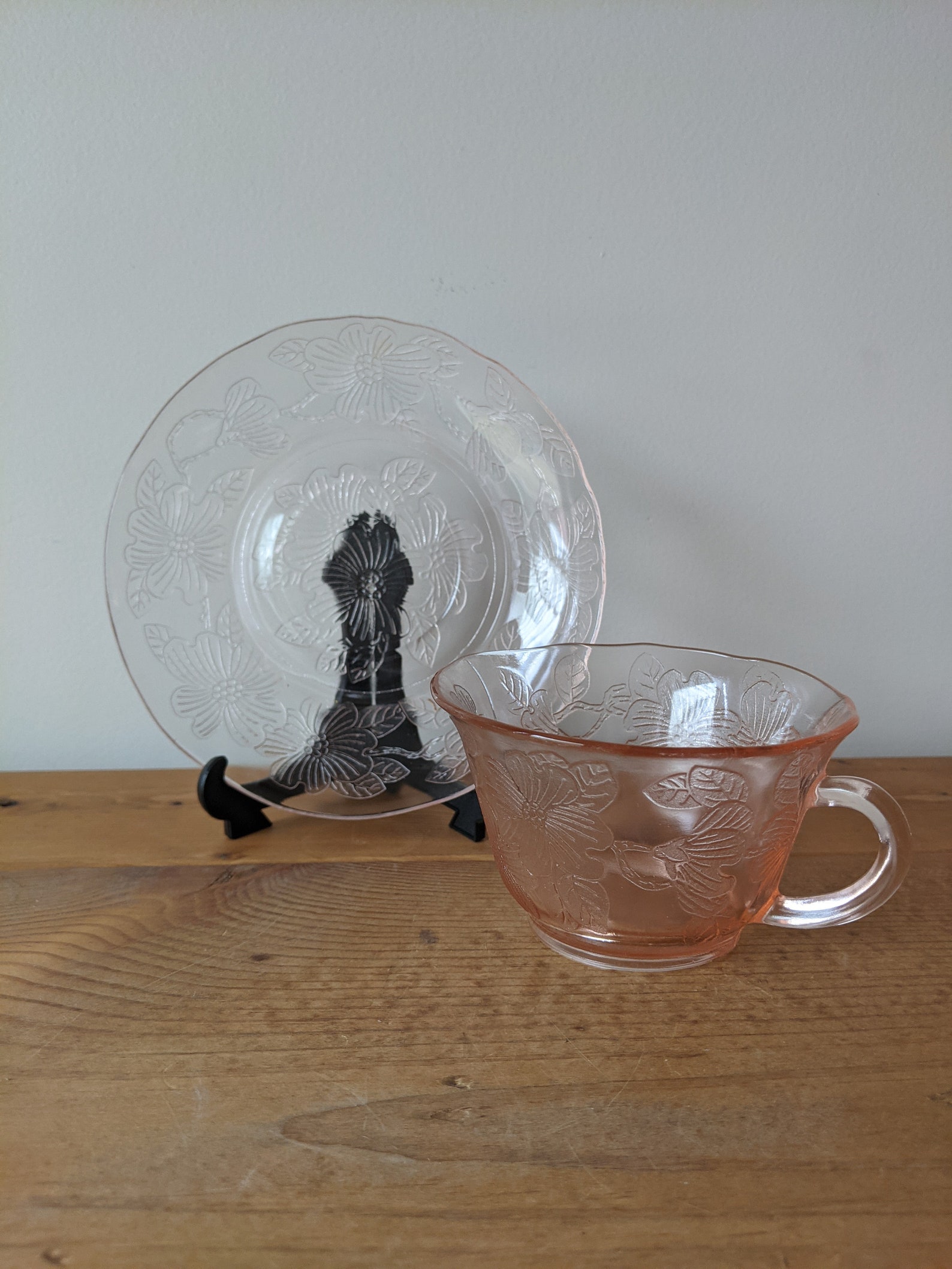 Vintage Pink Depression Glass Tea Cup W Saucer / Beautiful Etsy