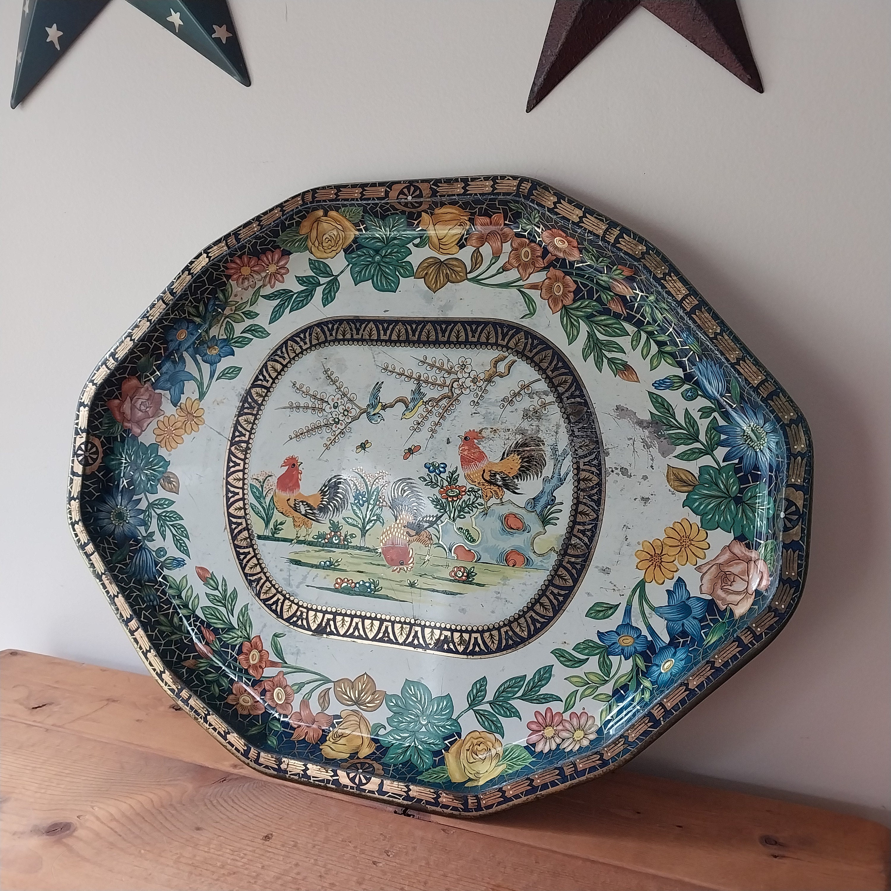 Vintage Daher Decorated Ware Tin Metal Tray / Floral Rooster Serving