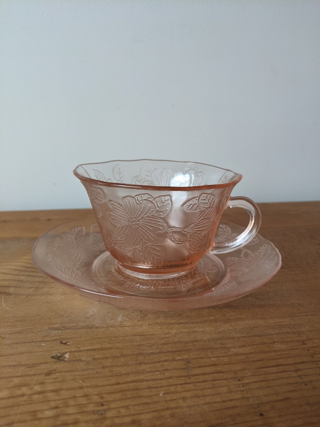 Vintage Pink Depression Glass Tea Cup W Saucer / Beautiful Etsy