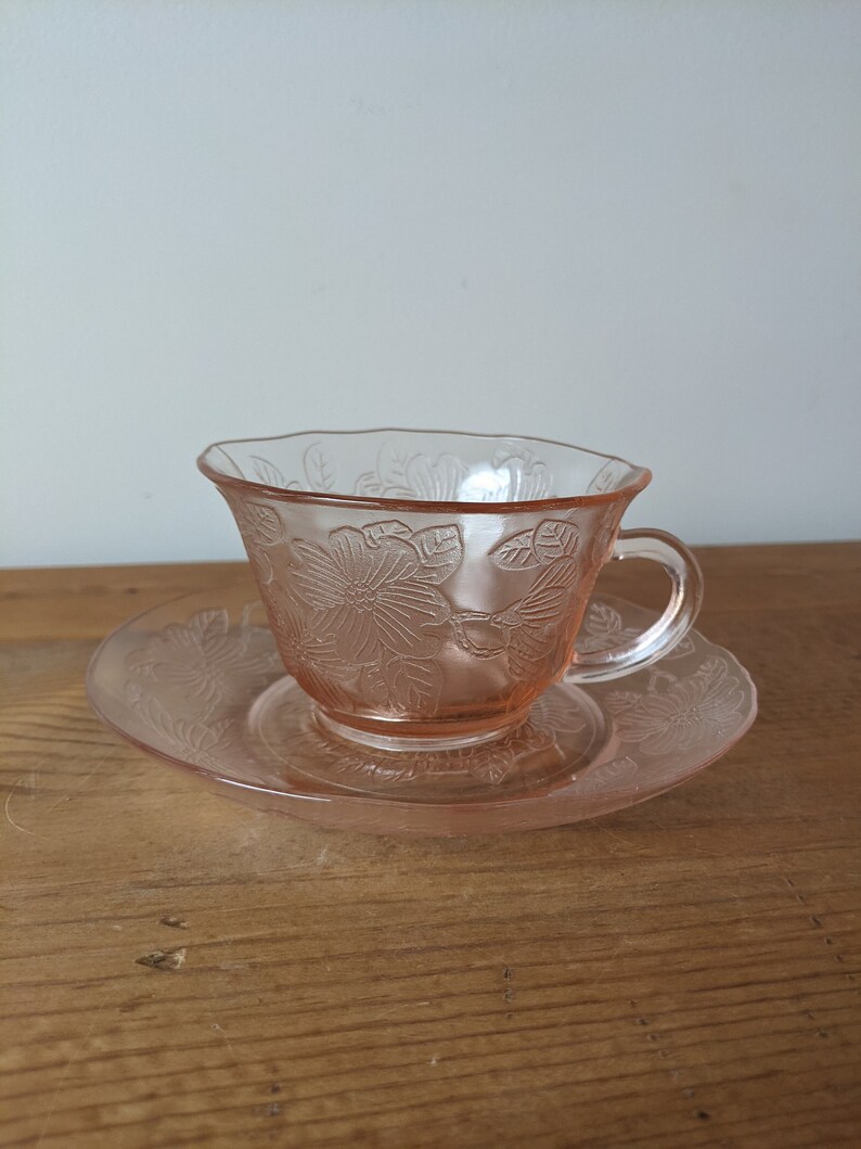 Vintage Pink Depression Glass Tea Cup W Saucer / Beautiful Etsy