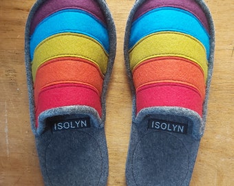 Men's/Unisex wide fit RAINBOW felt Slippers by Isolyn - Bright, Cheerful and very comfortable- made with pure lambs wool. Handmade in the UK