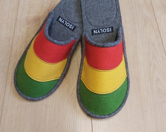 Men's/Unisex wide fit RED GOLD GREEN felt Slippers by Isolyn - Bright, Cheerful and very comfortable- made with pure lambs wool. Handmade uk