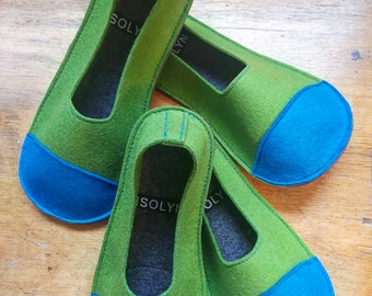 Children's Green/Blue Comfy wool felt Slippers by Isolyn