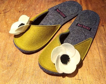 Poppy Slippers by Isolyn. OLIVE-WHITE POPPIES. Comfy with large nonslip grip pads. These lightweight slippers make a great birthday gift